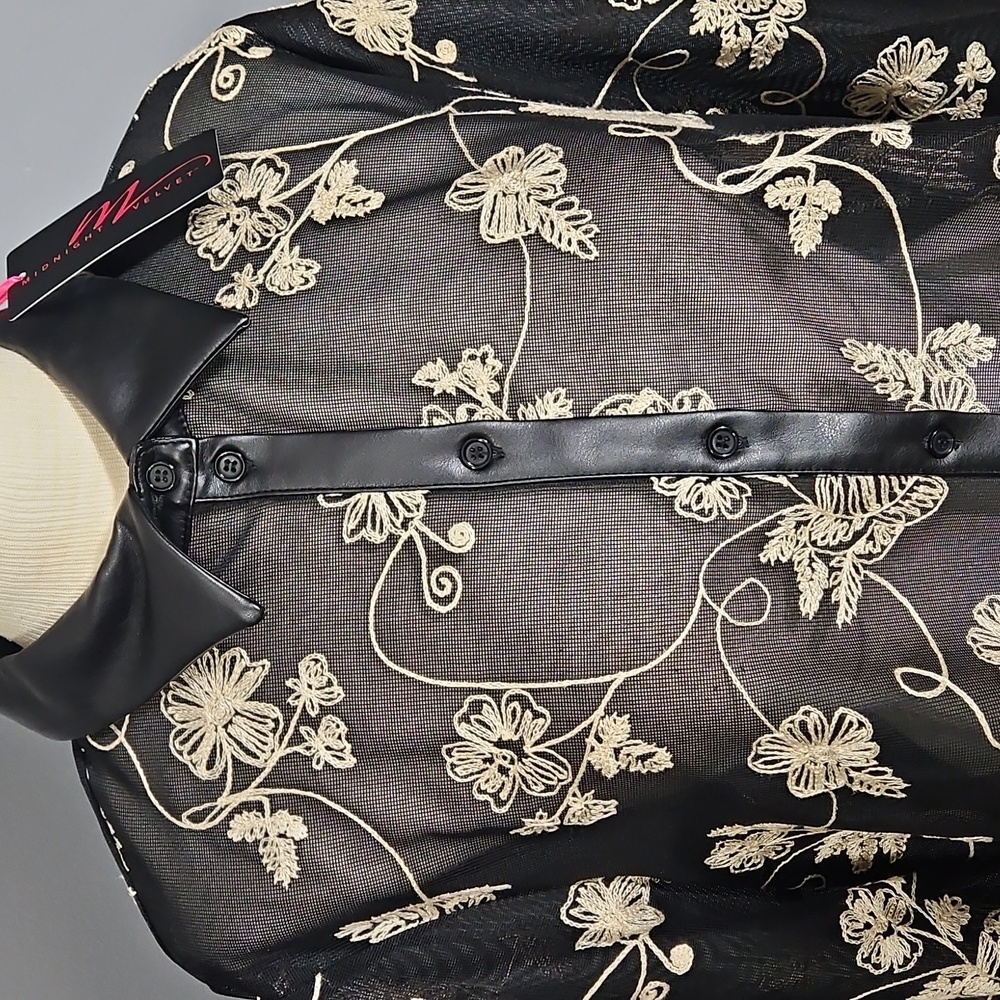Midnight Velvet, High Low, Tunic Top, Sheer , Embroidered Floral Pattern, Black - Picture 2 of 12